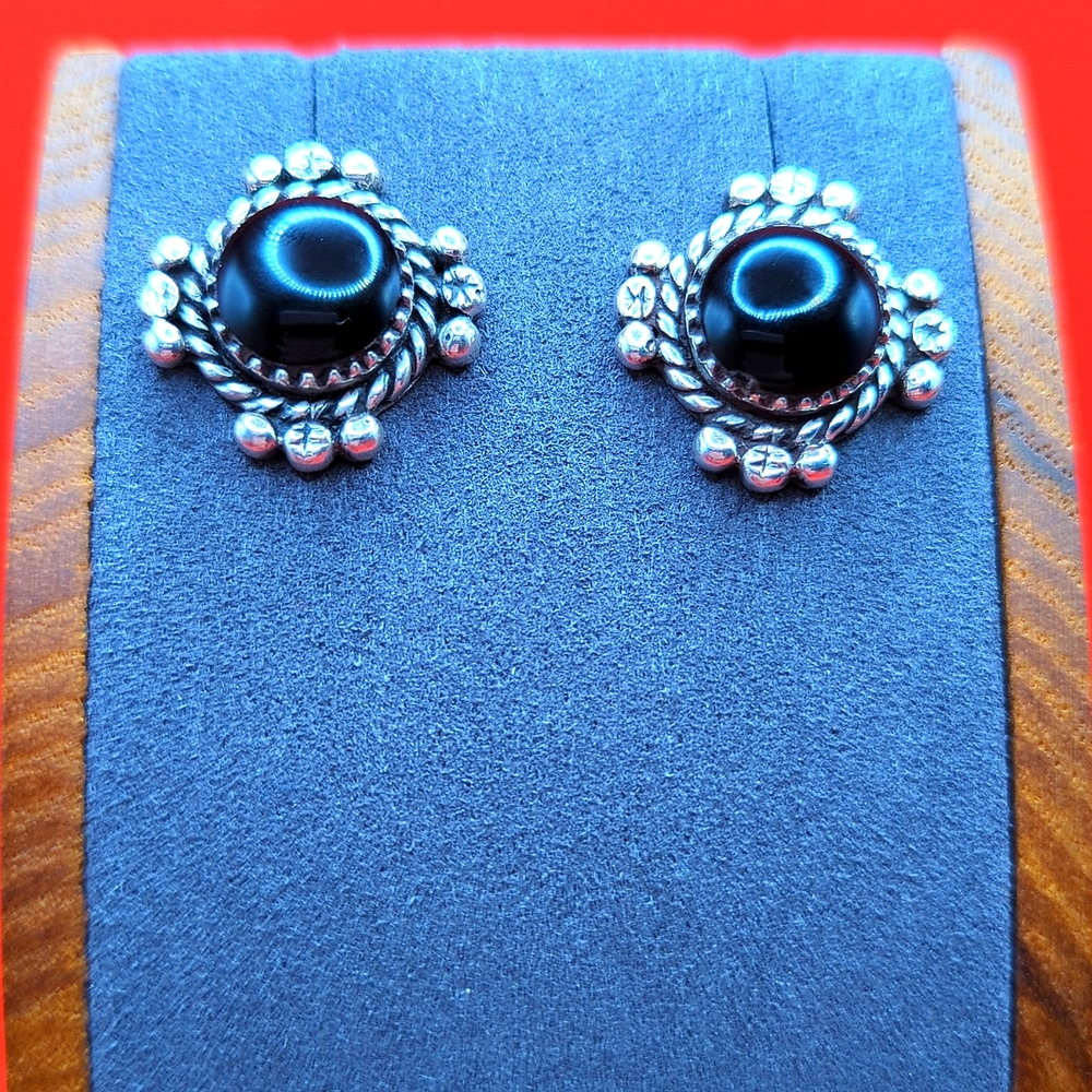 Vintage Designer RINC Sterling Silver & Black Onyx Earrings NWOT